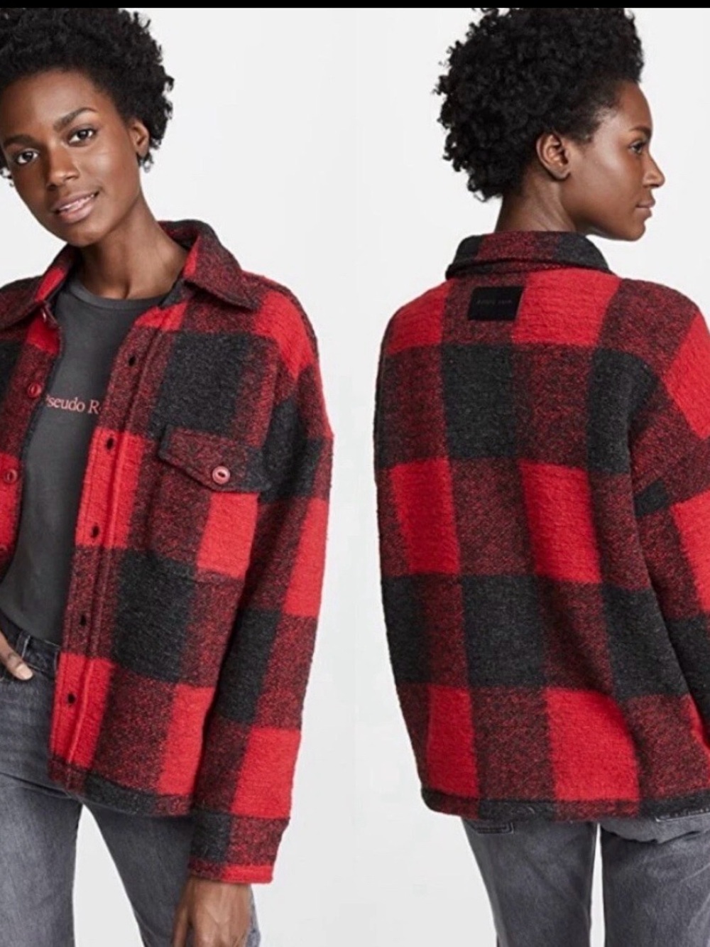 Anine Bing Plaid Bobbi Jacket Red Black Buffalo Wool Blend Shacket Oversized XS